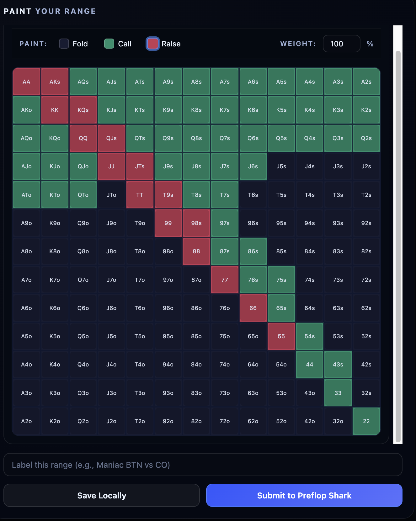 Preflop poker training drills in the Preflop Shark app